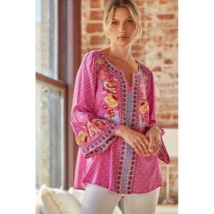 Savanna Jane Bohemian Hot Pink Embroidered Floral Bell Sleeve Hippie Top, Medium
